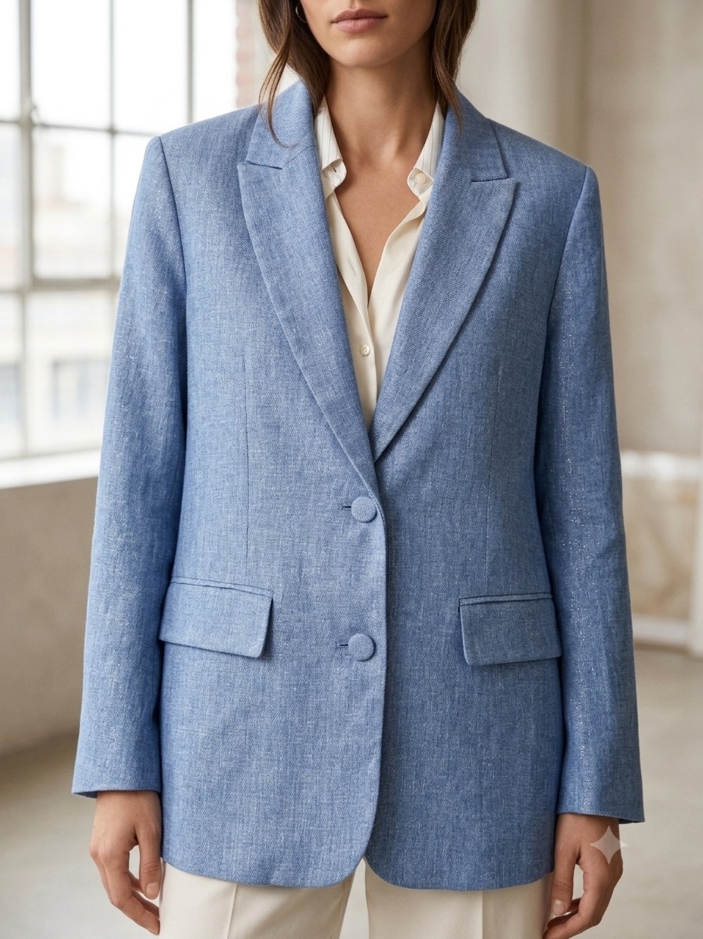Zara Blue Linen Blend Shimmer Blazer Size M Tailored Office Jacket